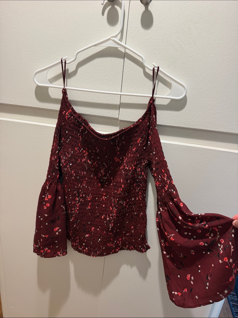 Express Burgundy Floral Smocked Off-Shoulder Blouse